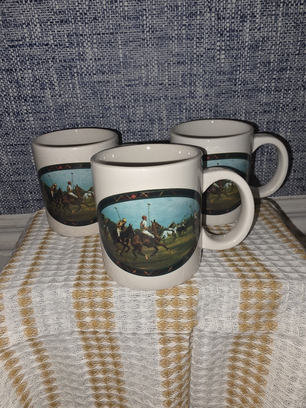 Polo by Ralph Lauren White Ceramic Mugs with Equestrian Polo Scene - Set of 3